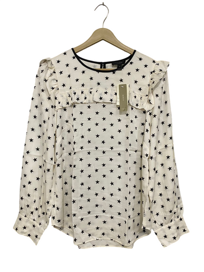 J. CREW |S| BUST 18| A30| CREAM & BLACK STAR PRINT RUFFLE-TRIM LONG-SLEEVE BLOUSE