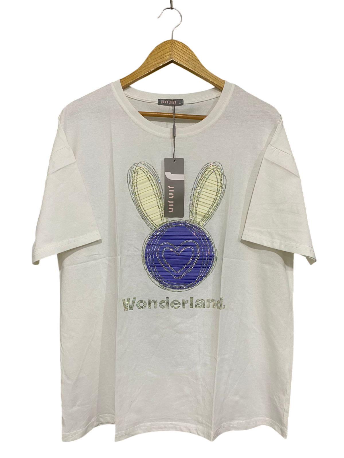 JIN JIN |L| BUST 22| A30| WHITE & PURPLE "WONDERLAND" BUNNY RHINESTONE GRAPHIC T-SHIRT