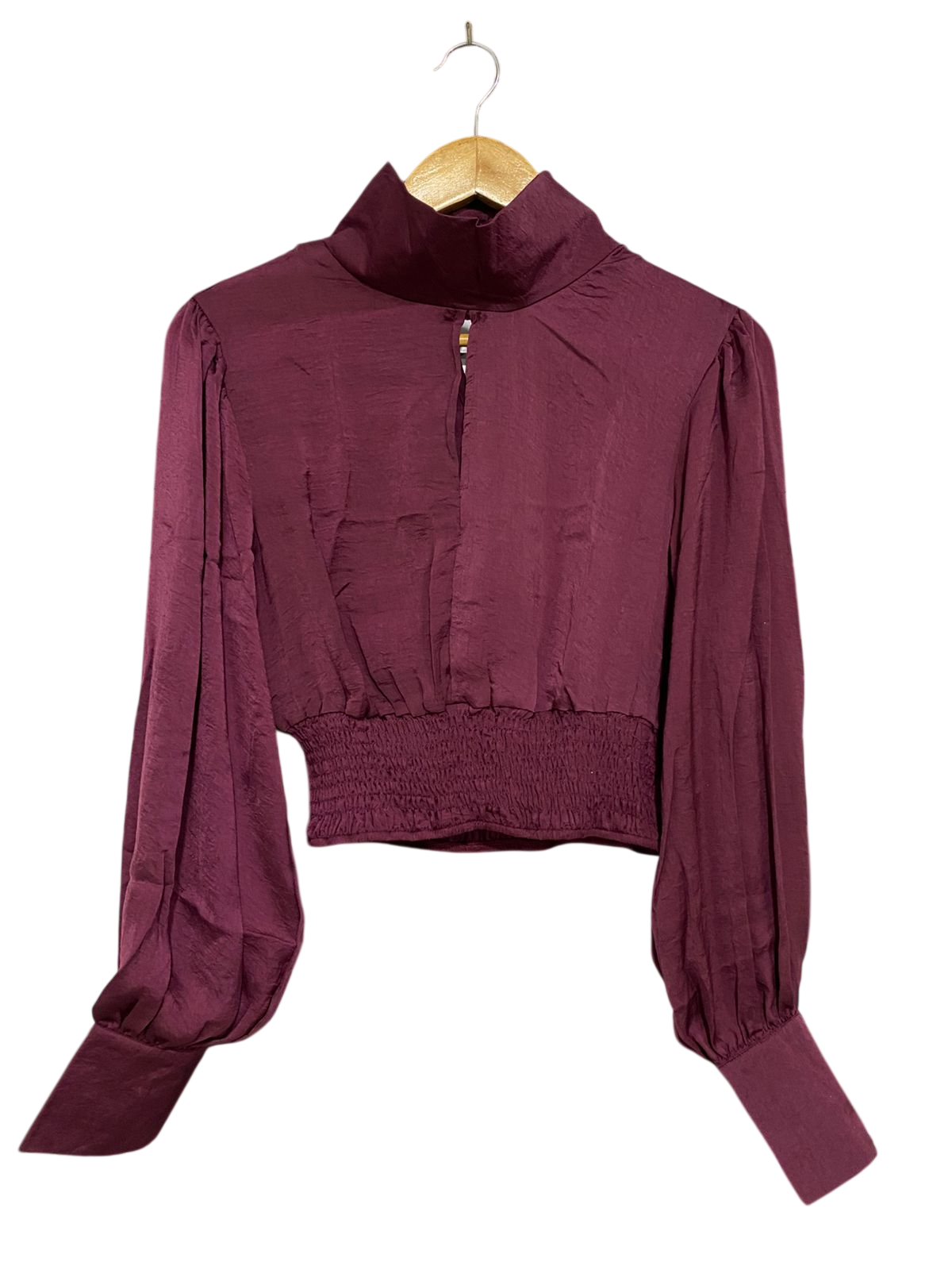 ALLY FASHION |S| BUST 17| A30| BURGUNDY HIGH-NECK KEYHOLE LONG-SLEEVE SMOCKED CROP TOP