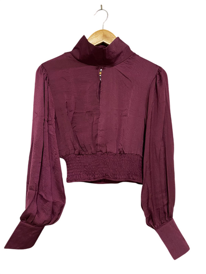 ALLY FASHION |S| BUST 17| A30| BURGUNDY HIGH-NECK KEYHOLE LONG-SLEEVE SMOCKED CROP TOP
