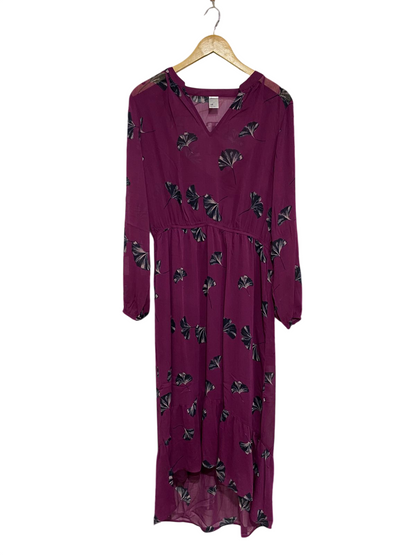 ANKO |L| BUST 20| A30| MAGENTA & BLACK GINKGO LEAF PRINT V-NECK HIGH-LOW MIDI DRESS