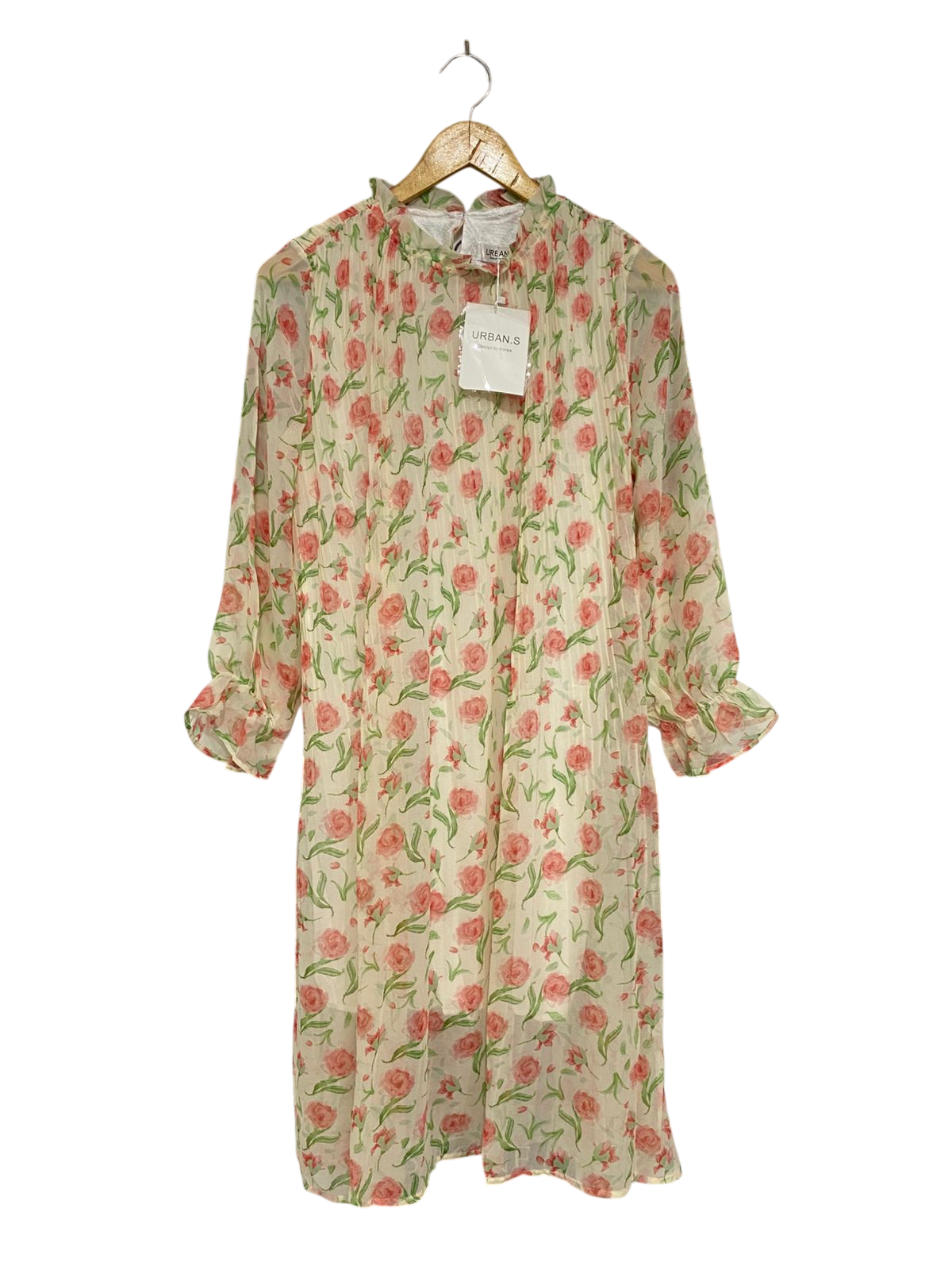 URBAN |S| BUST 18| A30| CREAM & PINK FLORAL RUFFLE-COLLAR LONG-SLEEVE MIDI DRESS