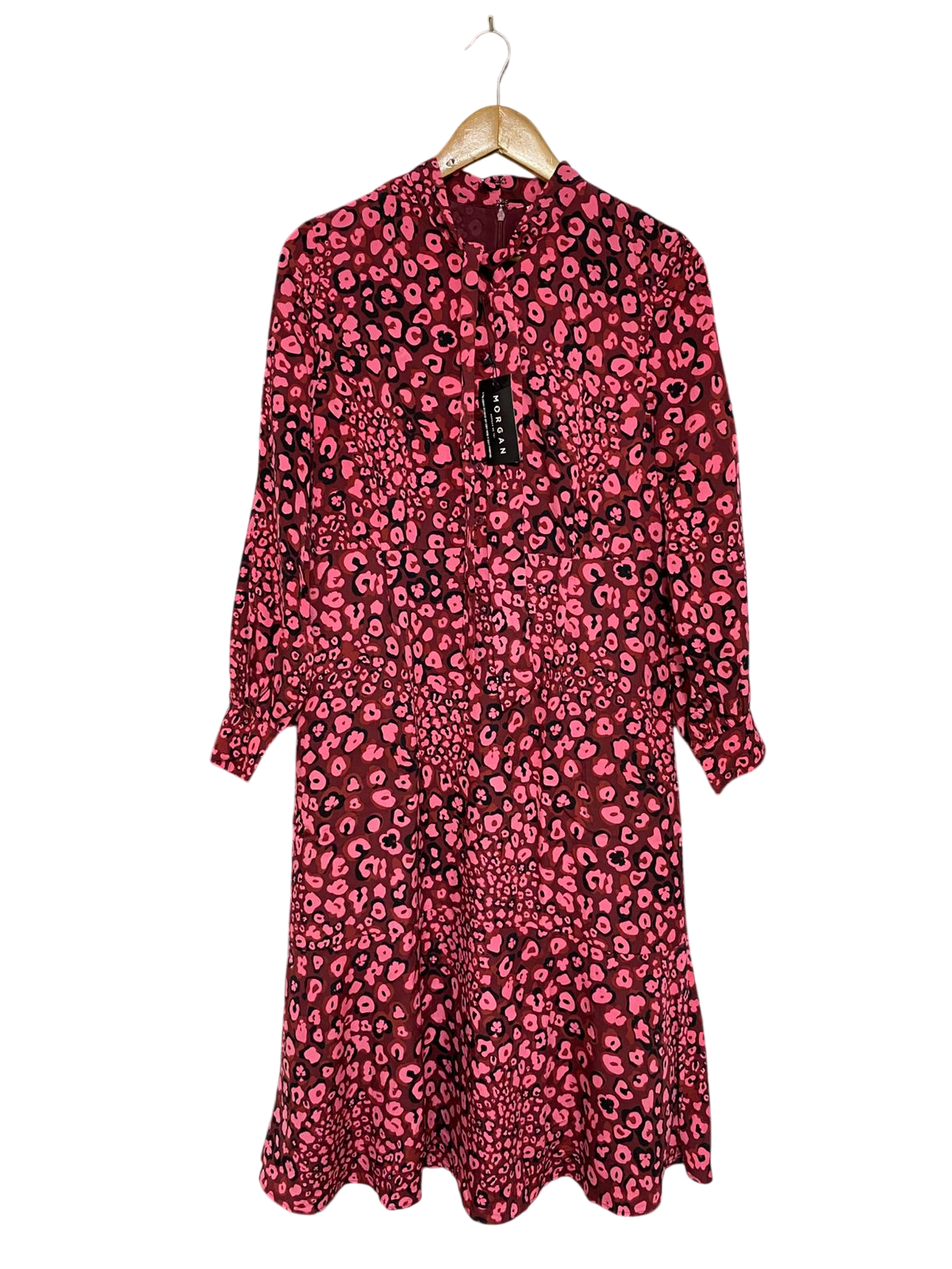 MORGAN |M| BUST 17| A30| BURGUNDY & PINK ANIMAL PRINT HIGH-NECK LONG-SLEEVE MIDI DRESS