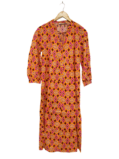 ZARA |S| BUST 18| A30| ORANGE & PINK GEOMETRIC TIE-NECK TIERED MIDI DRESS
