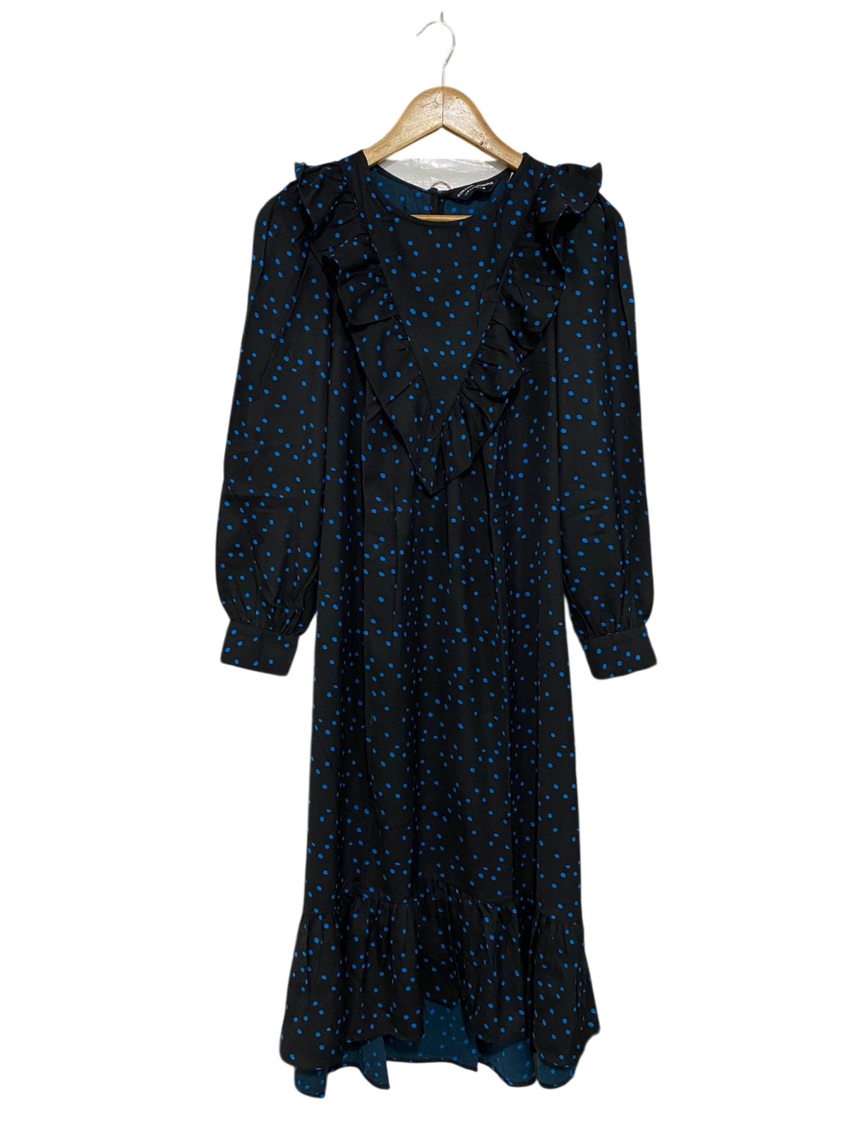 DOROTHY PERKINS |S| BUST 16| A31| BLACK & BLUE POLKA DOT RUFFLE-TRIM LONG-SLEEVE MIDI DRESS