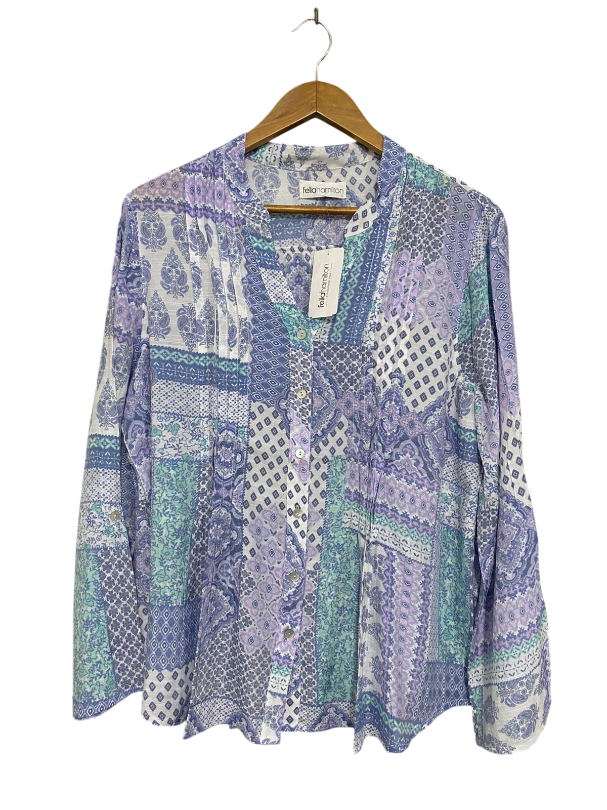 FELLA HAMILTON |L| BUST 21| A31| PURPLE & BLUE PATCHWORK PRINT V-NECK LONG-SLEEVE BLOUSE
