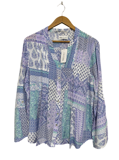 FELLA HAMILTON |L| BUST 21| A31| PURPLE & BLUE PATCHWORK PRINT V-NECK LONG-SLEEVE BLOUSE