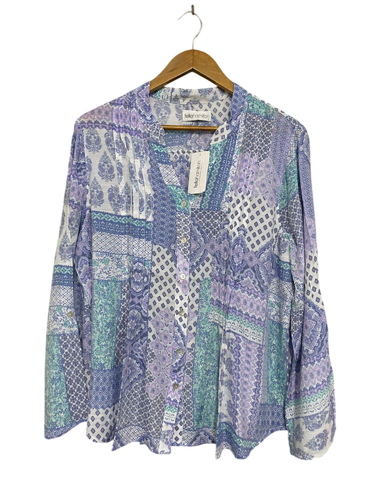 FELLA HAMILTON |L| BUST 21| A31| PURPLE & BLUE PATCHWORK PRINT V-NECK LONG-SLEEVE BLOUSE