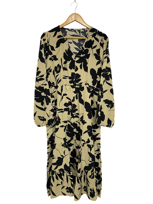 |XL| BUST 21| A31| KHAKI & BLACK BOLD FLORAL PRINT V-NECK TIERED MIDI DRESS
