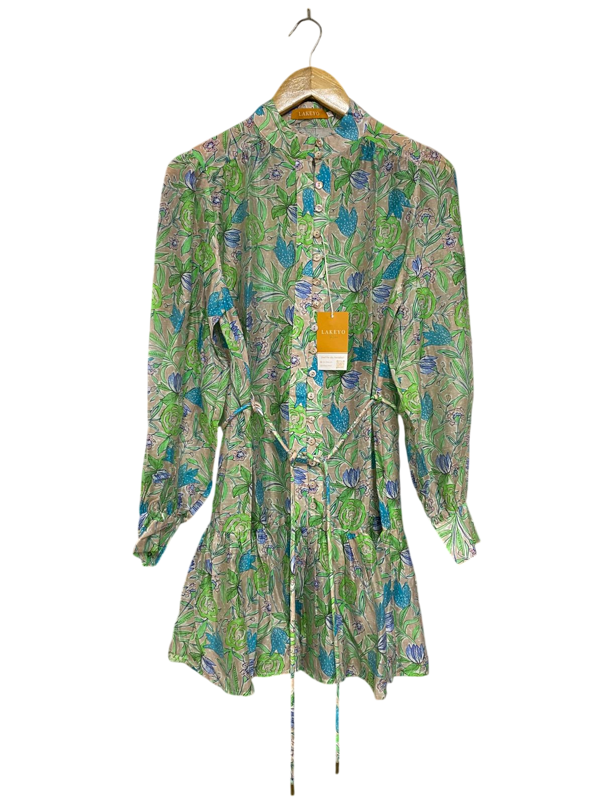 LAKEYO |L| BUST 20| A31| MULTICOLOR FLORAL PRINT STAND-COLLAR TIE-WAIST SHIRT DRESS