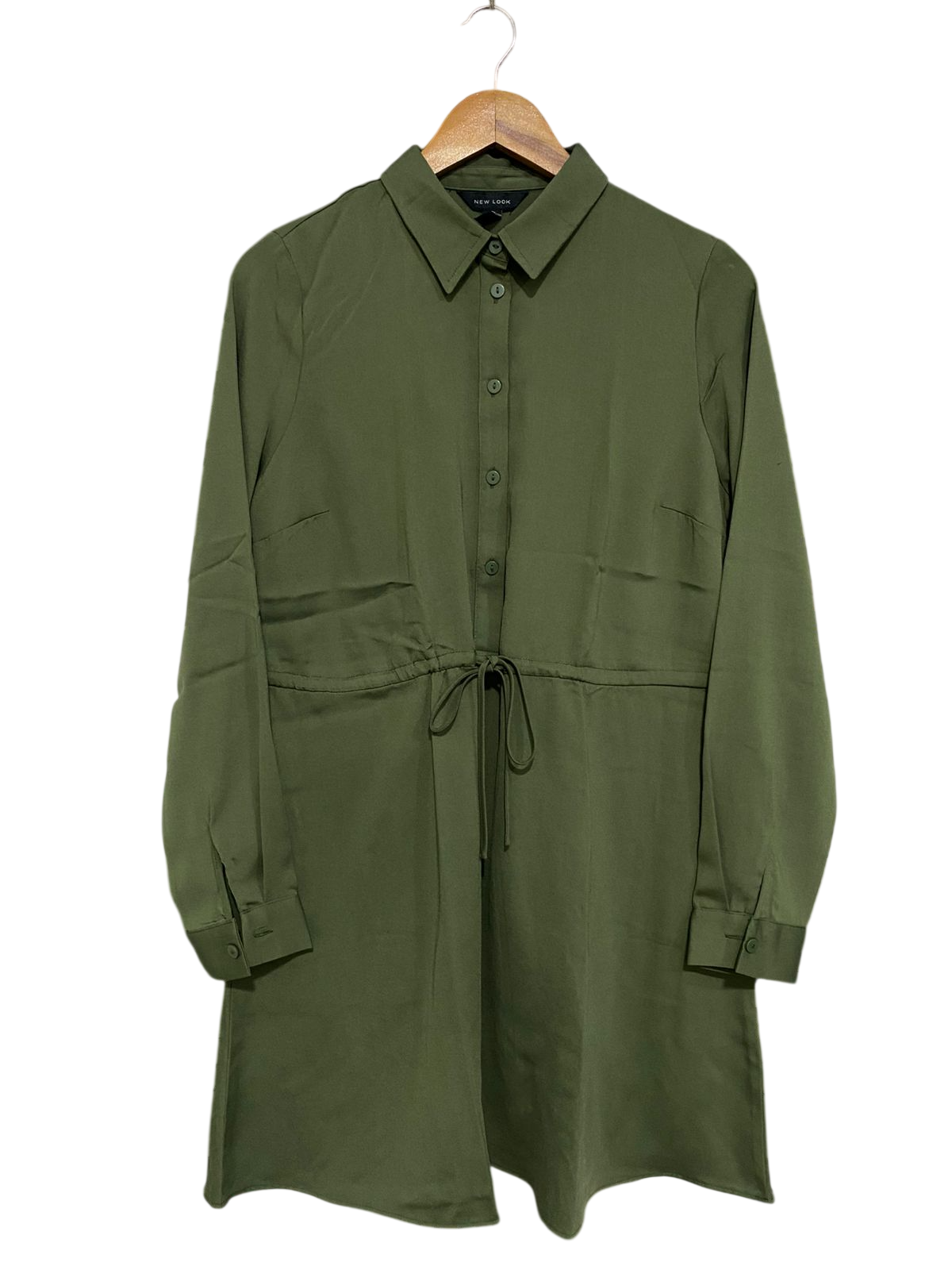 NEW LOOK |M| BUST 18| A31| OLIVE GREEN COLLARED TIE-WAIST LONG-SLEEVE SHIRT DRESS