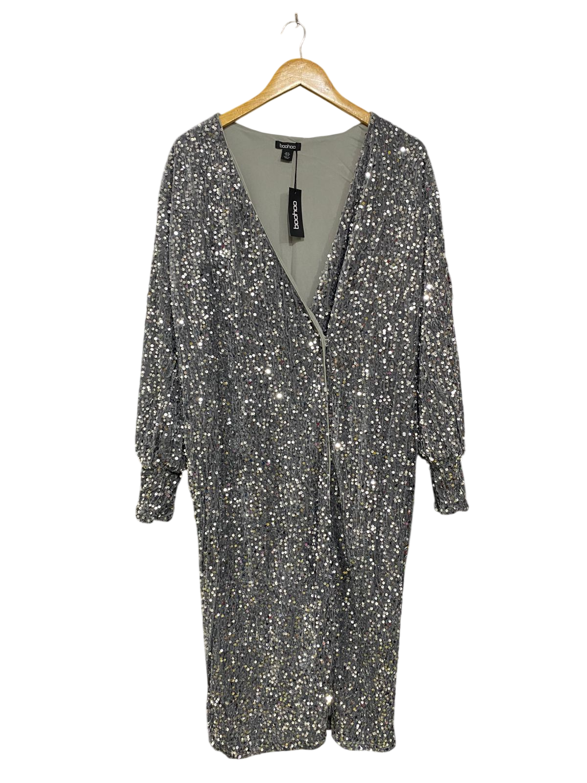 BOOHOO |XL| BUST 23| A31| SAGE & SILVER SEQUIN V-NECK LONG-SLEEVE MIDI DRESS