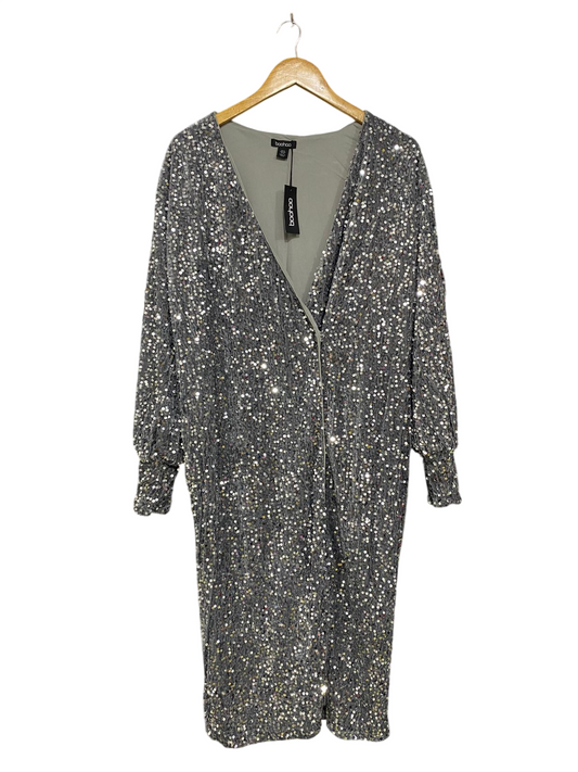 BOOHOO |XL| BUST 23| A31| SAGE & SILVER SEQUIN V-NECK LONG-SLEEVE MIDI DRESS