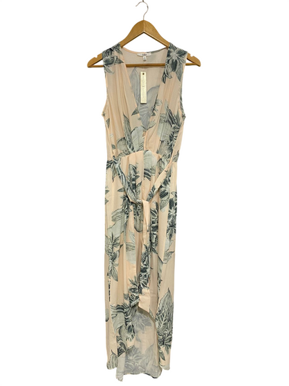 INTO |S| BUST 16| A31| BLUSH & SAGE TROPICAL LEAF PRINT V-NECK SLEEVELESS HIGH-LOW MIDI DRESS