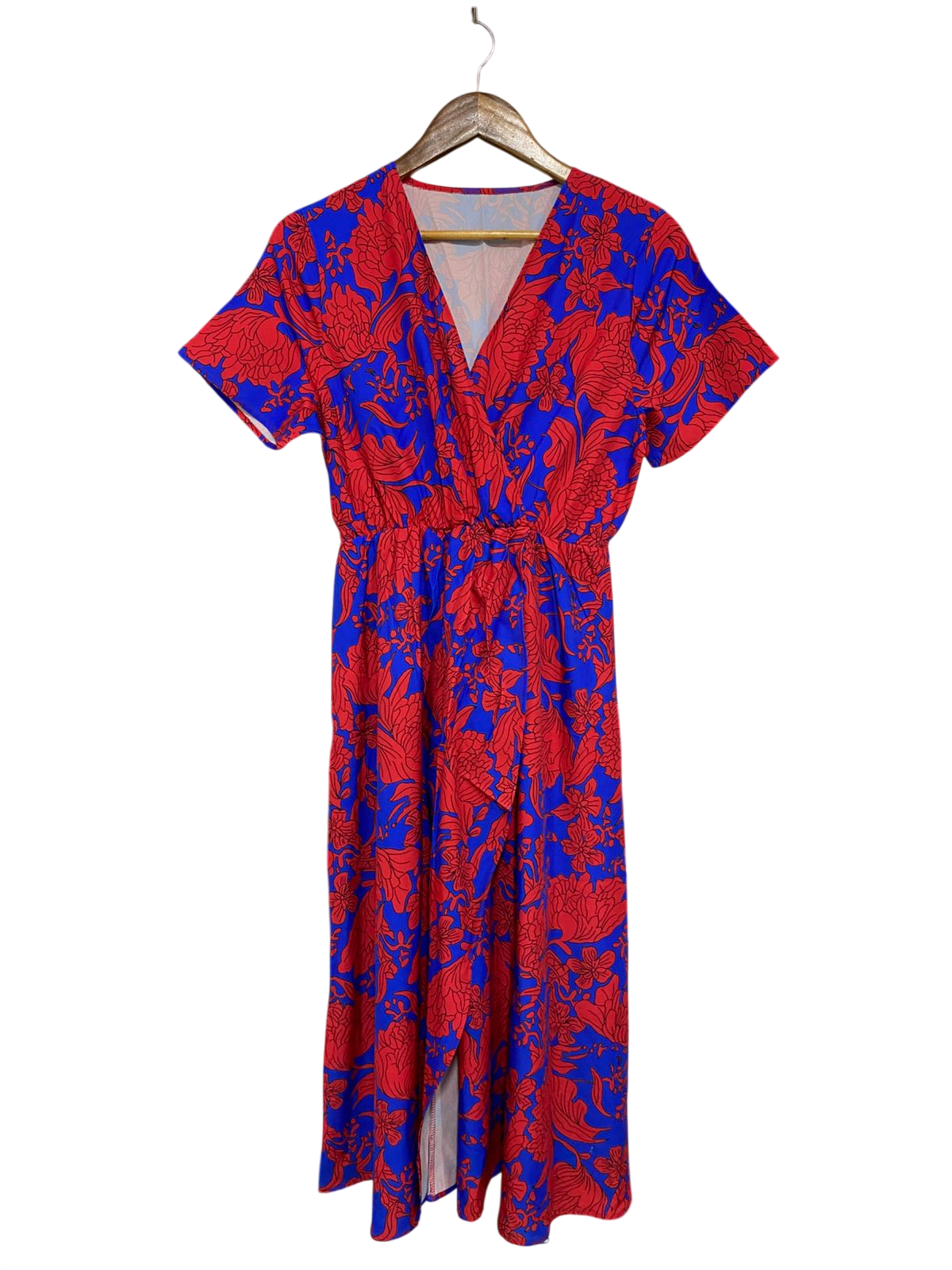 |M| BUST 16| A31| RED & BLUE BOLD FLORAL PRINT V-NECK SHORT-SLEEVE WRAP MIDI DRESS