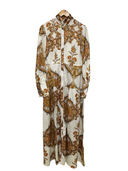 SHEIN |M| BUST 18| A31| WHITE & BROWN PAISLEY PRINT HIGH-NECK LONG-SLEEVE SHIRT MIDI DRESS