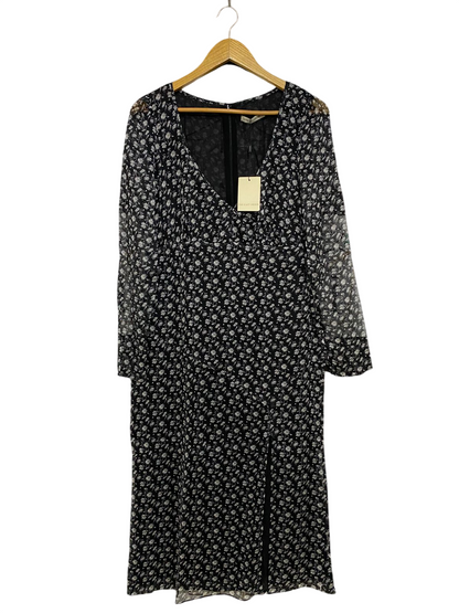 THE EAST ORDER |L| BUST 17| A31| BLACK & WHITE FLORAL PRINT V-NECK LONG-SLEEVE SLIT MIDI DRESS