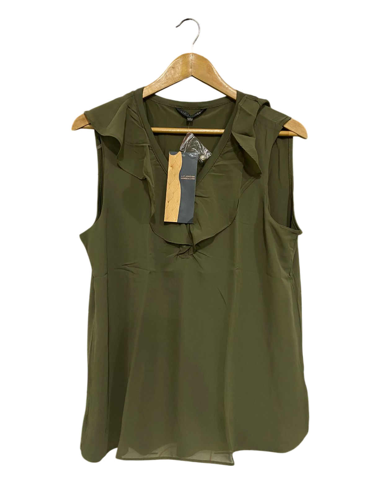 LIZ JORDAN |L| BUST 20| A31| OLIVE GREEN SLEEVELESS RUFFLE-TRIM BLOUSE