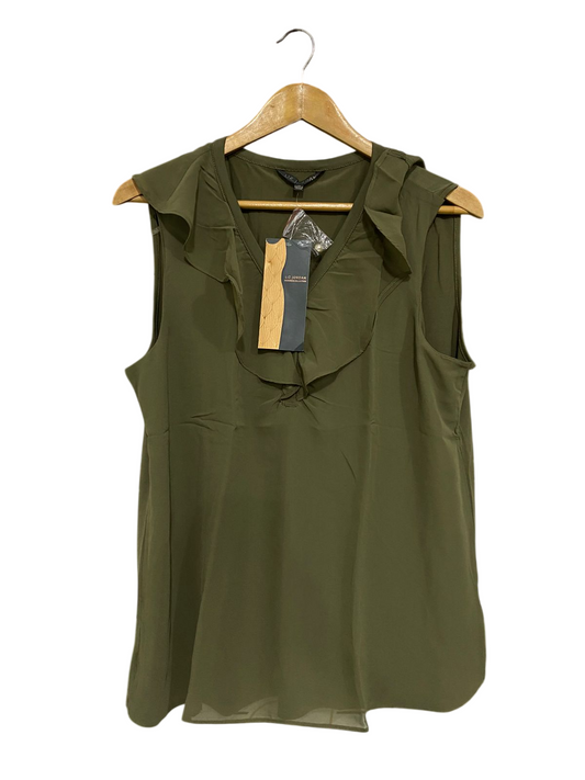 LIZ JORDAN |L| BUST 20| A31| OLIVE GREEN SLEEVELESS RUFFLE-TRIM BLOUSE