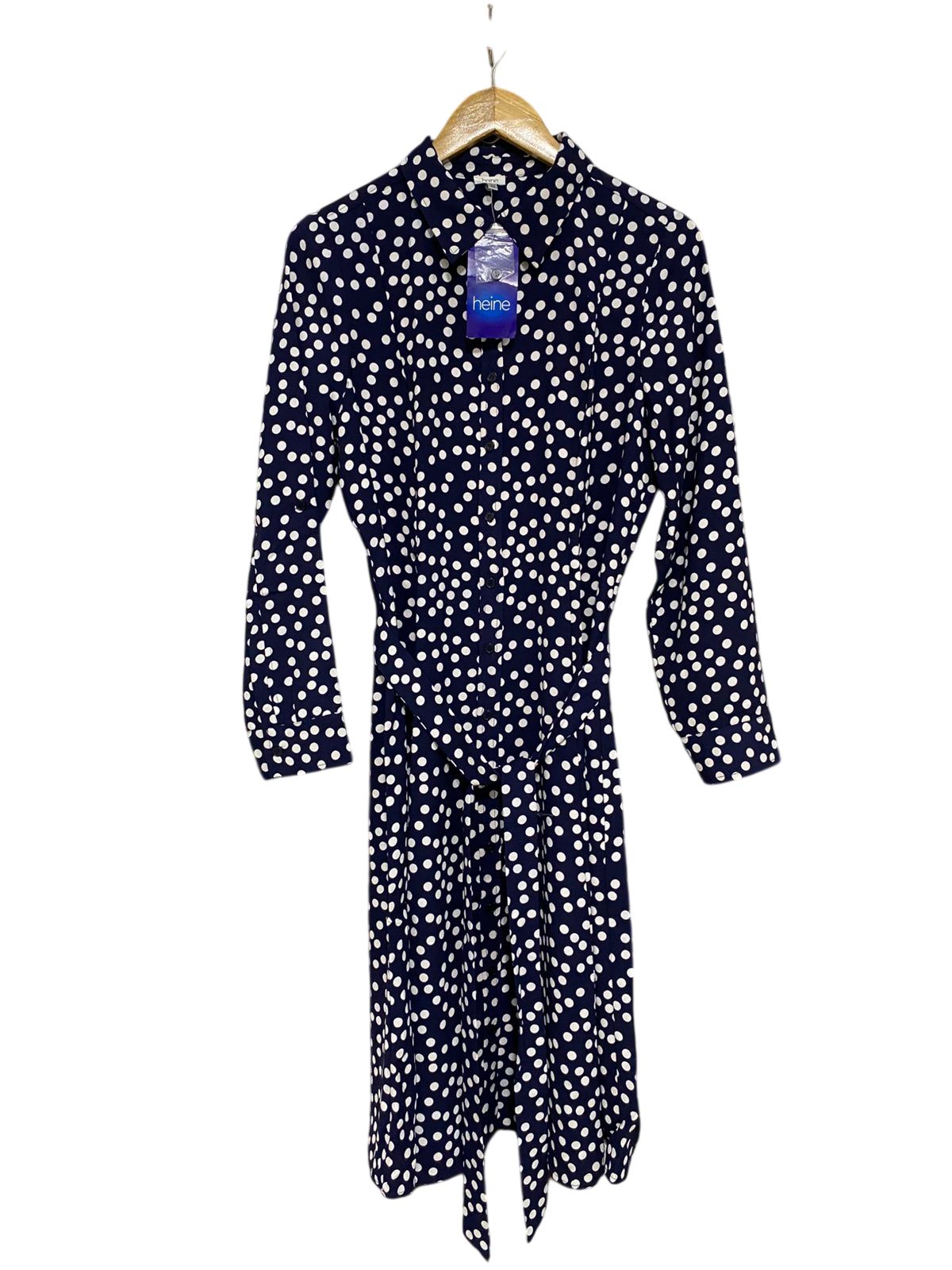 HEINE |L| BUST 19| A31| NAVY & WHITE POLKA DOT COLLARED TIE-WAIST SHIRT MIDI DRESS