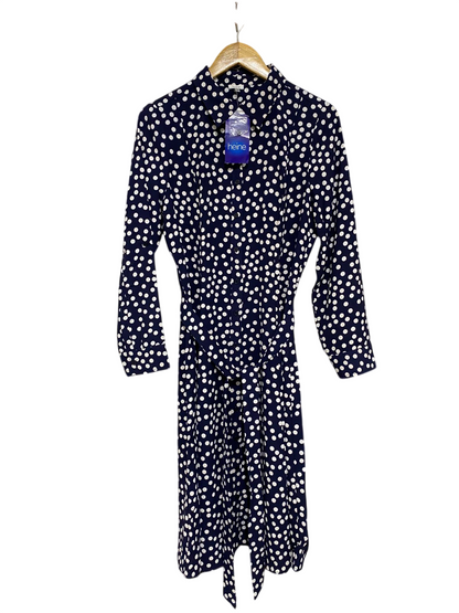 HEINE |L| BUST 19| A31| NAVY & WHITE POLKA DOT COLLARED TIE-WAIST SHIRT MIDI DRESS