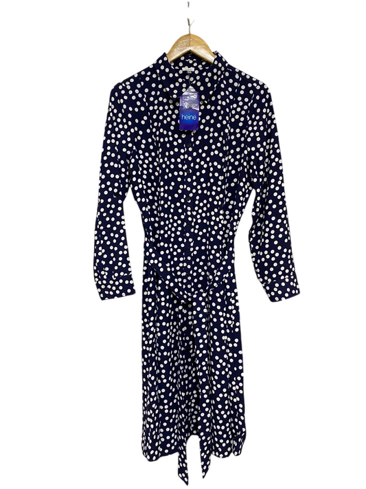 HEINE |L| BUST 19| A31| NAVY & WHITE POLKA DOT COLLARED TIE-WAIST SHIRT MIDI DRESS