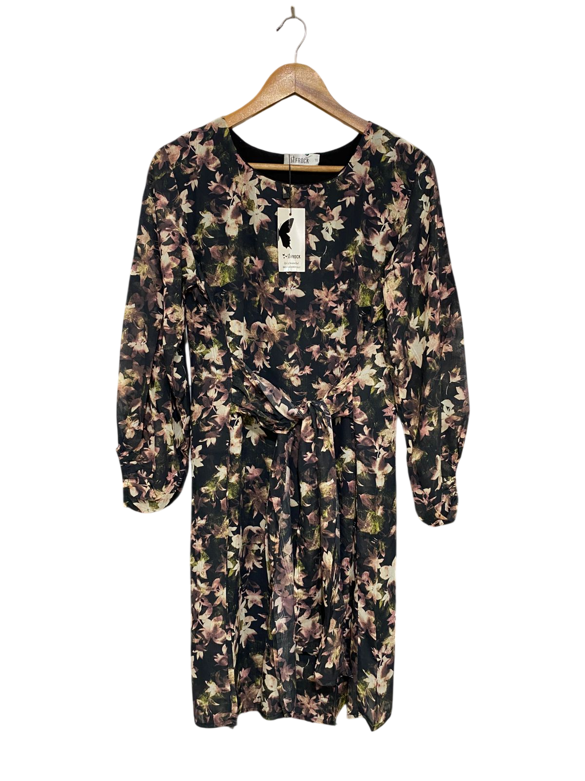 ST FROCK |M| BUST 18| A31| BLACK & DUSTY PINK FLORAL PRINT TIE-WAIST LONG-SLEEVE MIDI DRESS