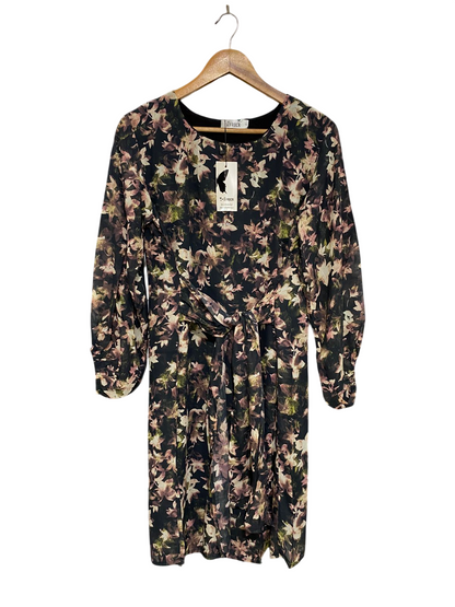 ST FROCK |M| BUST 18| A31| BLACK & DUSTY PINK FLORAL PRINT TIE-WAIST LONG-SLEEVE MIDI DRESS