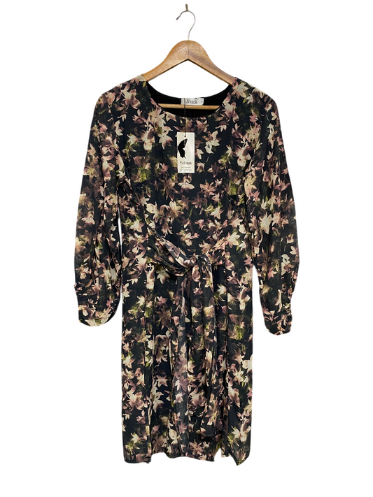 ST FROCK |M| BUST 18| A31| BLACK & DUSTY PINK FLORAL PRINT TIE-WAIST LONG-SLEEVE MIDI DRESS