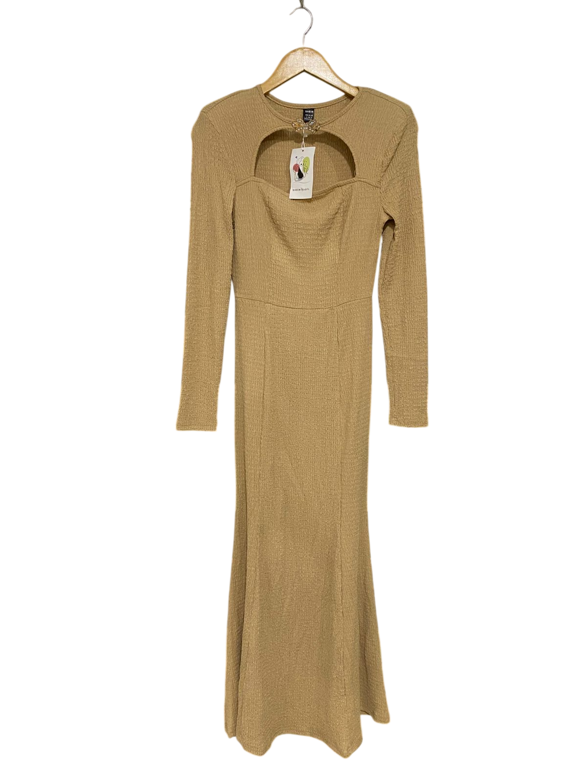 SHEIN |S| BUST 15| A31| CAMEL TEXTURED KEYHOLE LONG-SLEEVE MIDI DRESS