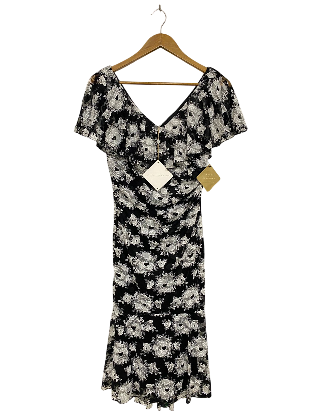 ANTHEA CRAWFORD |M| BUST 16| A31| BLACK & WHITE FLORAL LACE V-NECK RUFFLE MIDI DRESS