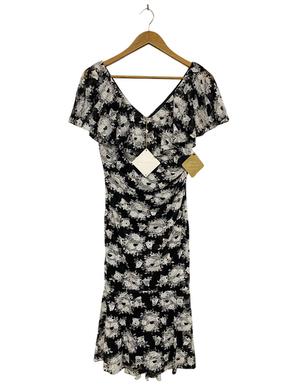 ANTHEA CRAWFORD |M| BUST 16| A31| BLACK & WHITE FLORAL LACE V-NECK RUFFLE MIDI DRESS