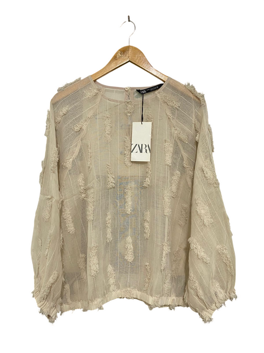 ZARA |XL| BUST 23| A31| BEIGE TEXTURED FRINGE SHEER LONG-SLEEVE BLOUSE
