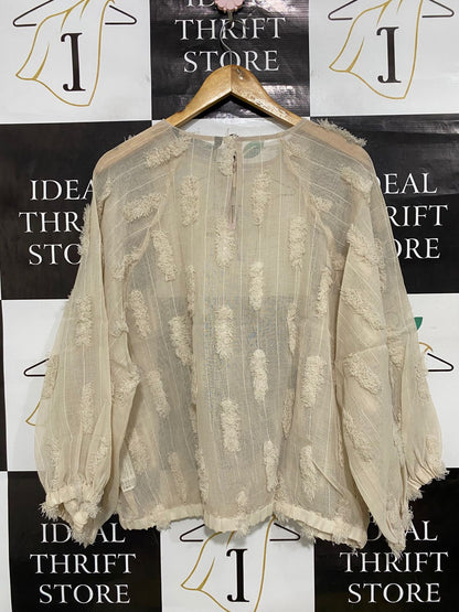 ZARA |XL| BUST 23| A31| BEIGE TEXTURED FRINGE SHEER LONG-SLEEVE BLOUSE