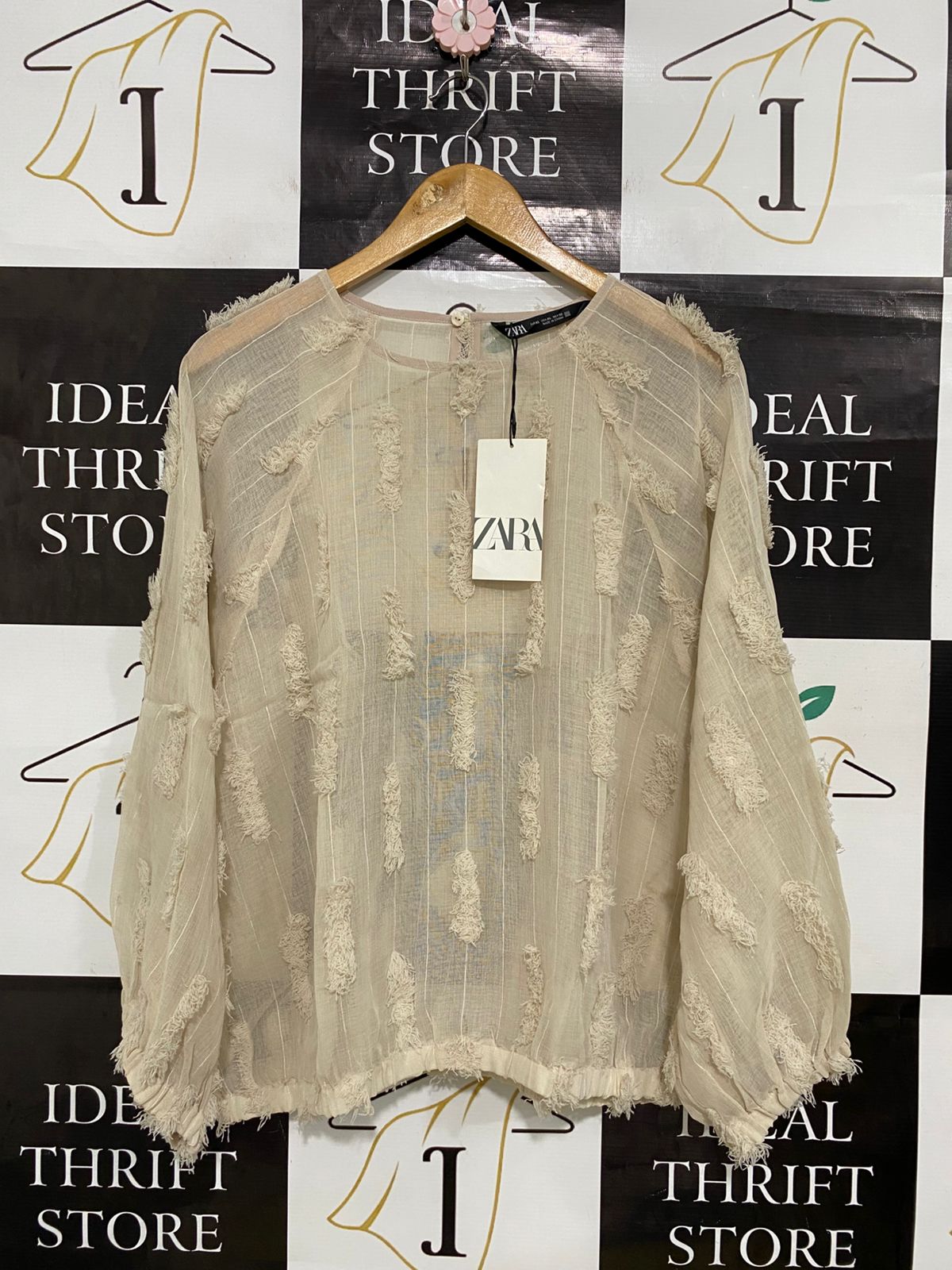 ZARA |XL| BUST 23| A31| BEIGE TEXTURED FRINGE SHEER LONG-SLEEVE BLOUSE