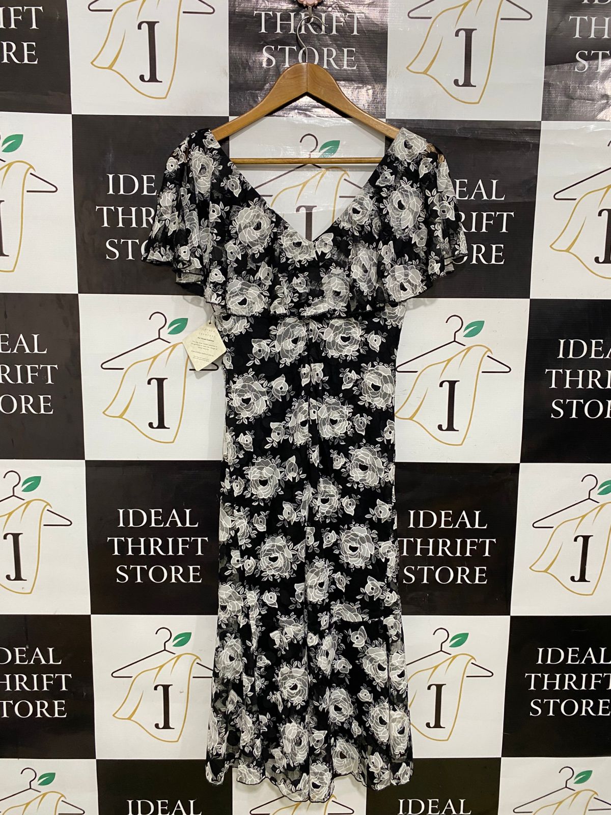 ANTHEA CRAWFORD |M| BUST 16| A31| BLACK & WHITE FLORAL LACE V-NECK RUFFLE MIDI DRESS
