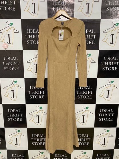 SHEIN |S| BUST 15| A31| CAMEL TEXTURED KEYHOLE LONG-SLEEVE MIDI DRESS