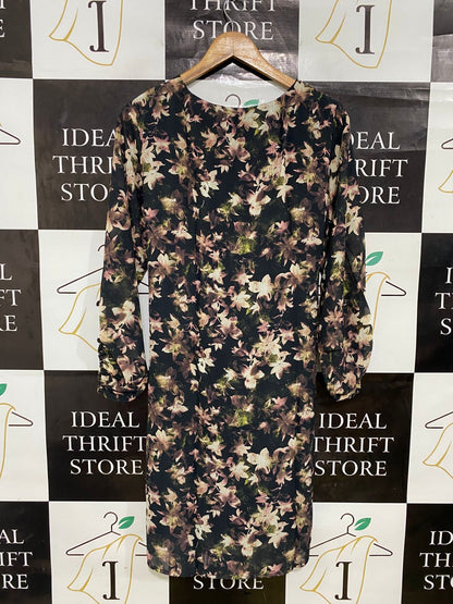 ST FROCK |M| BUST 18| A31| BLACK & DUSTY PINK FLORAL PRINT TIE-WAIST LONG-SLEEVE MIDI DRESS