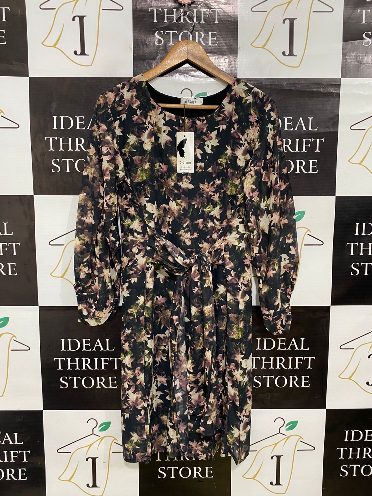 ST FROCK |M| BUST 18| A31| BLACK & DUSTY PINK FLORAL PRINT TIE-WAIST LONG-SLEEVE MIDI DRESS