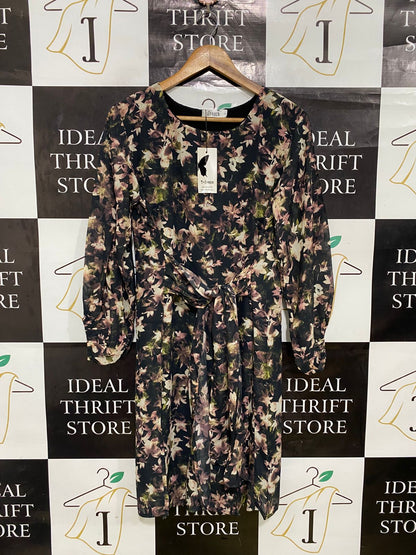 ST FROCK |M| BUST 18| A31| BLACK & DUSTY PINK FLORAL PRINT TIE-WAIST LONG-SLEEVE MIDI DRESS