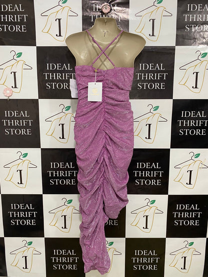 ALAMOUR |S| BUST 15| A31| PINK GLITTER SHIMMER RUCHED BODYCON SLIP DRESS