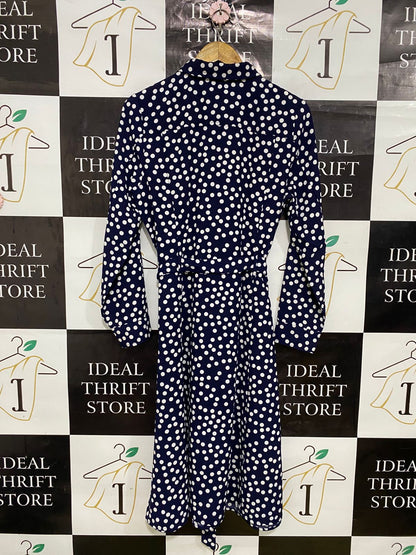 HEINE |L| BUST 19| A31| NAVY & WHITE POLKA DOT COLLARED TIE-WAIST SHIRT MIDI DRESS