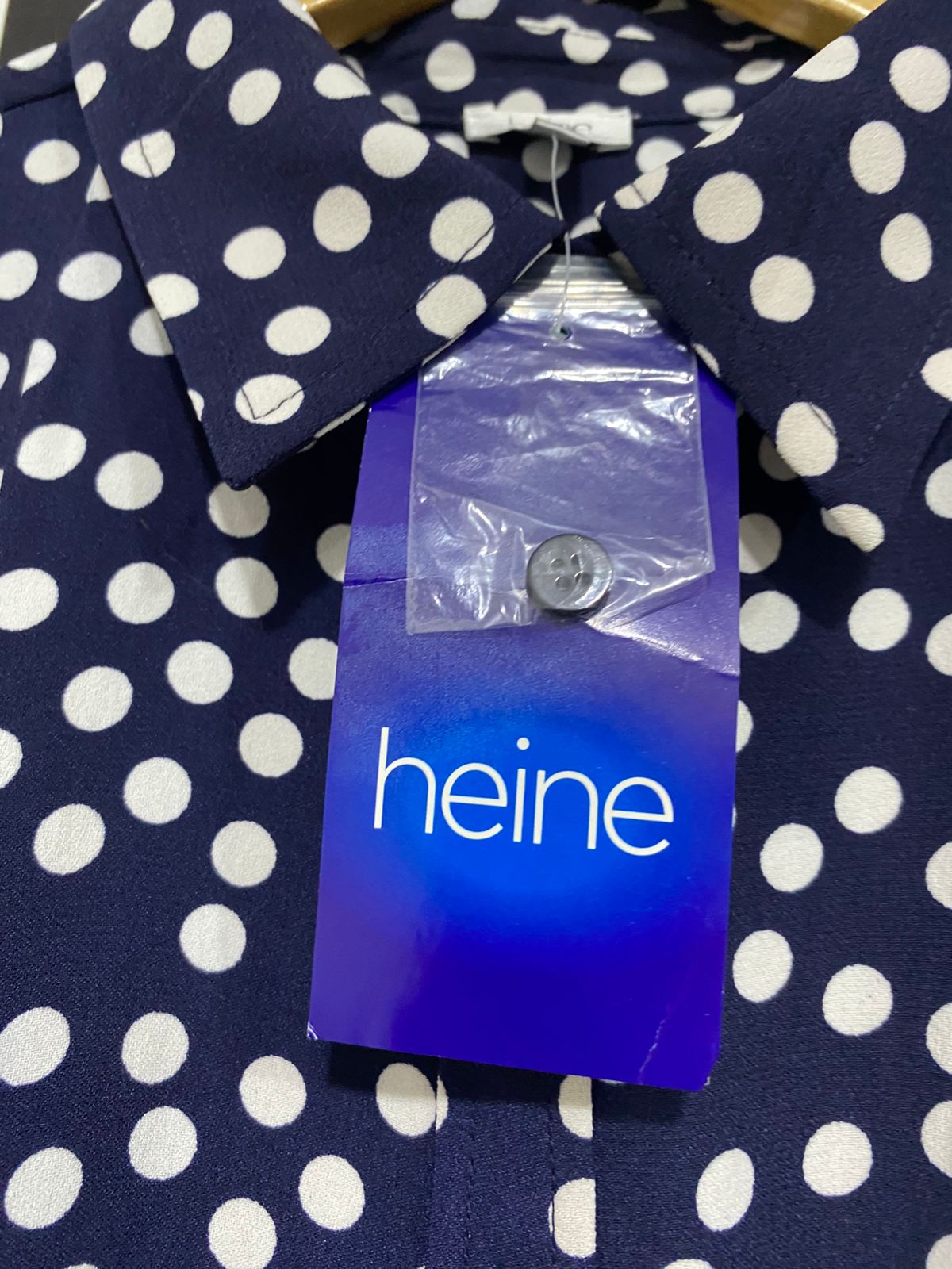 HEINE |L| BUST 19| A31| NAVY & WHITE POLKA DOT COLLARED TIE-WAIST SHIRT MIDI DRESS