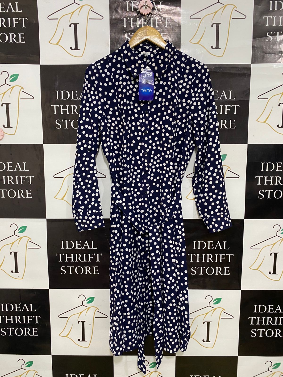 HEINE |L| BUST 19| A31| NAVY & WHITE POLKA DOT COLLARED TIE-WAIST SHIRT MIDI DRESS