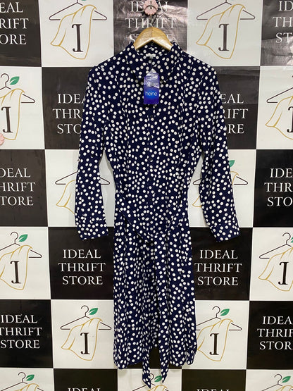 HEINE |L| BUST 19| A31| NAVY & WHITE POLKA DOT COLLARED TIE-WAIST SHIRT MIDI DRESS
