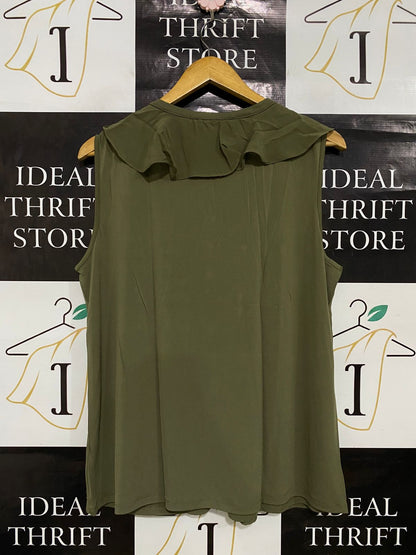 LIZ JORDAN |L| BUST 20| A31| OLIVE GREEN SLEEVELESS RUFFLE-TRIM BLOUSE
