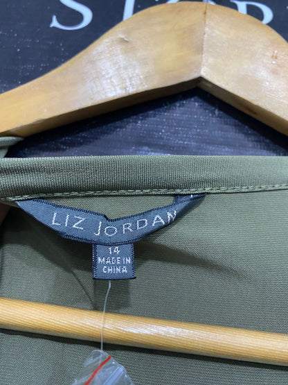 LIZ JORDAN |L| BUST 20| A31| OLIVE GREEN SLEEVELESS RUFFLE-TRIM BLOUSE