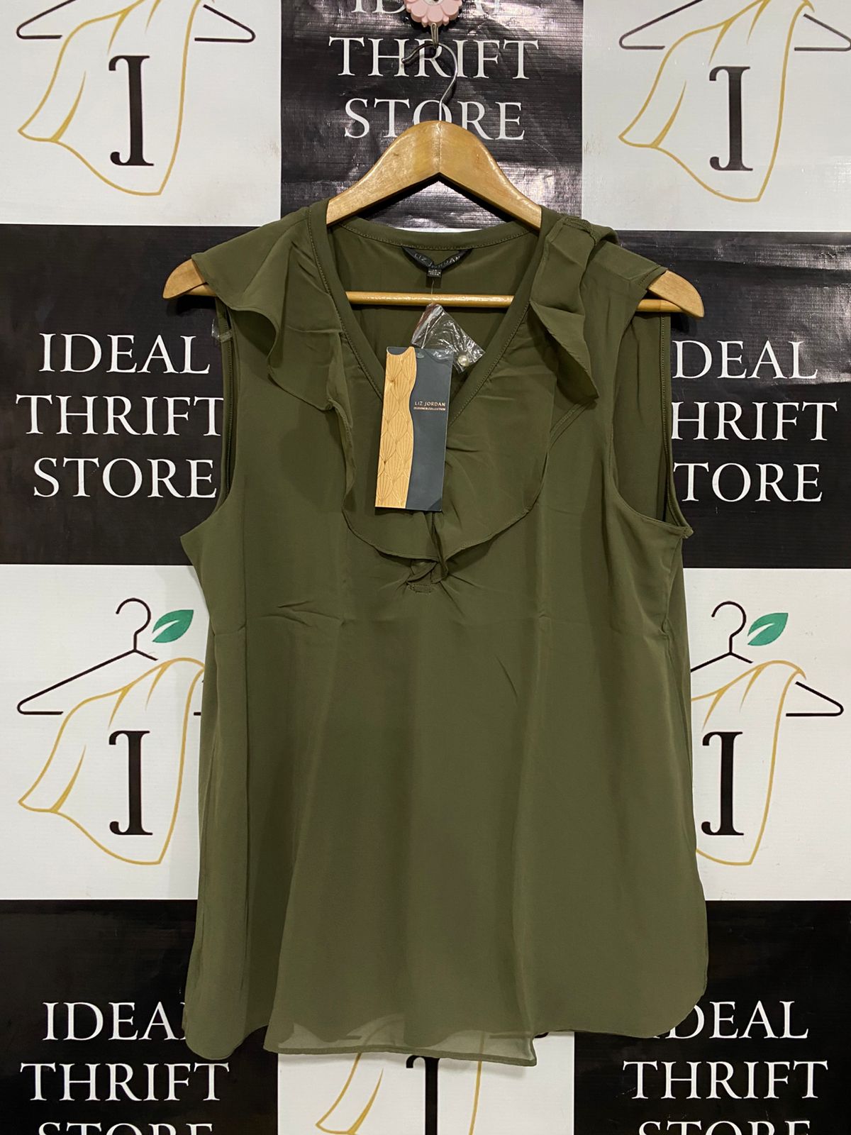 LIZ JORDAN |L| BUST 20| A31| OLIVE GREEN SLEEVELESS RUFFLE-TRIM BLOUSE