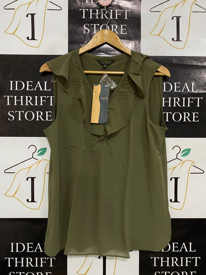 LIZ JORDAN |L| BUST 20| A31| OLIVE GREEN SLEEVELESS RUFFLE-TRIM BLOUSE