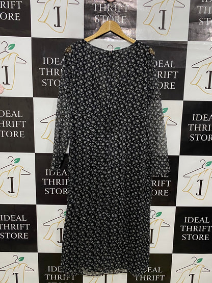 THE EAST ORDER |L| BUST 17| A31| BLACK & WHITE FLORAL PRINT V-NECK LONG-SLEEVE SLIT MIDI DRESS